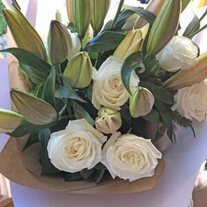White Roses with White Oriental Lillies Bouquet for the Lady Who Adores White Blooms
