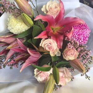 Pink Love Oriental Lillies, Roses, Disbud Chrysanthemum Bouquet