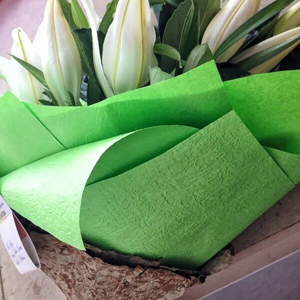 White Lilly Affair! Bouquet Simply Wrapped in Green Embossed Paper and Lotus Leaf Finish