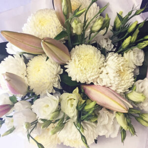Gorgeous White Disbud Chrysanthemums, White Oriental Lillies and Lisianthus, Green Leaves Bouquet